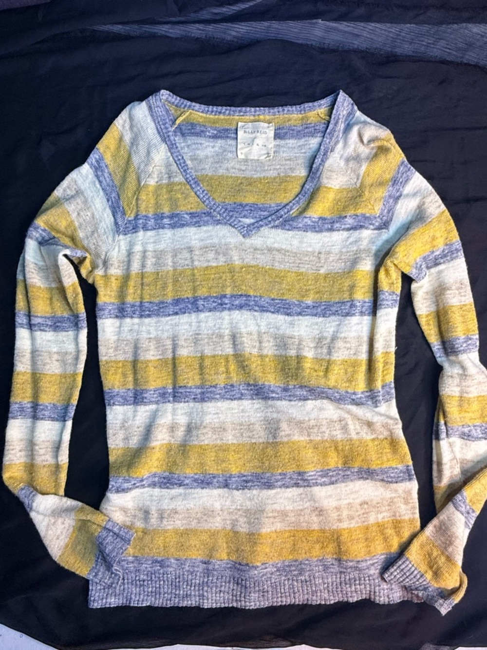 Billy Reid Striped V-Neck Lightweight Sweater in Yellow, Blue, Cream wool